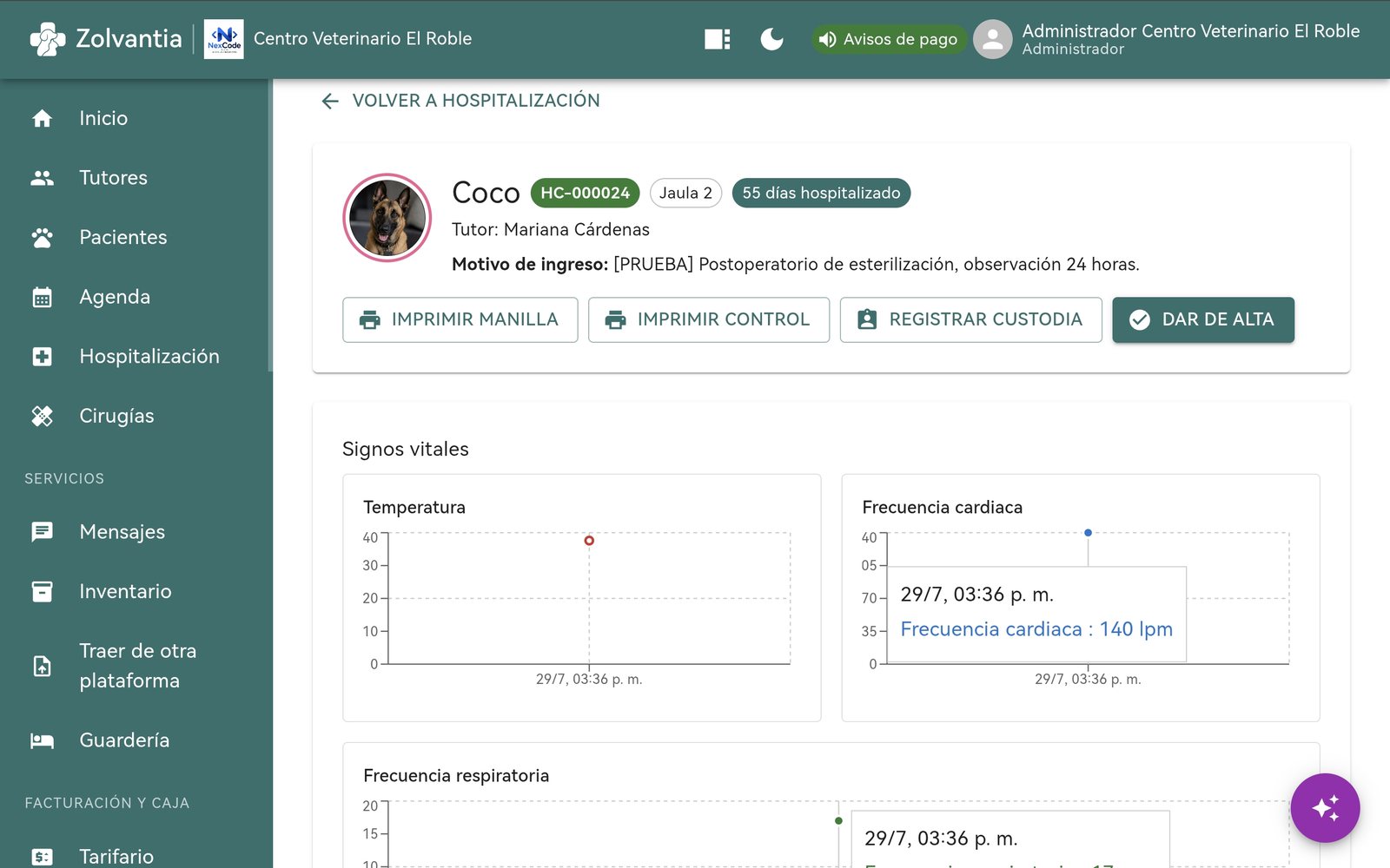 Zolvantia en un portátil: la ficha de un paciente hospitalizado con sus signos vitales