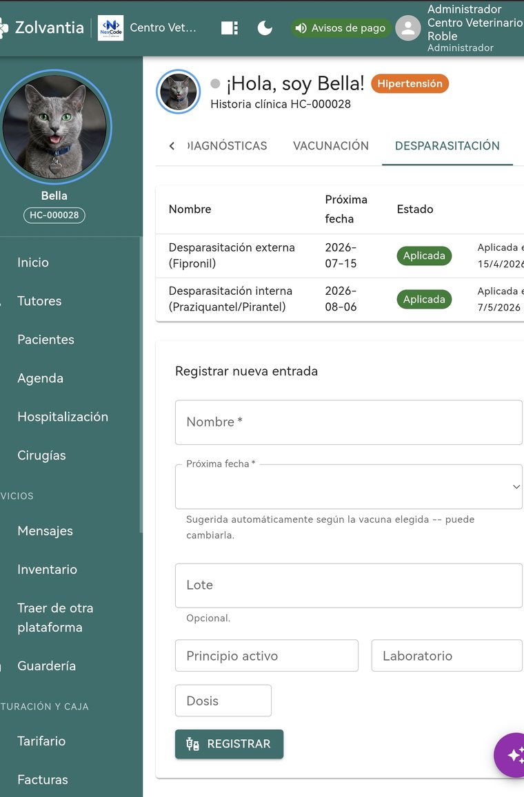 Vacunas y desparasitaciones de un paciente, con la próxima fecha ya calculada
