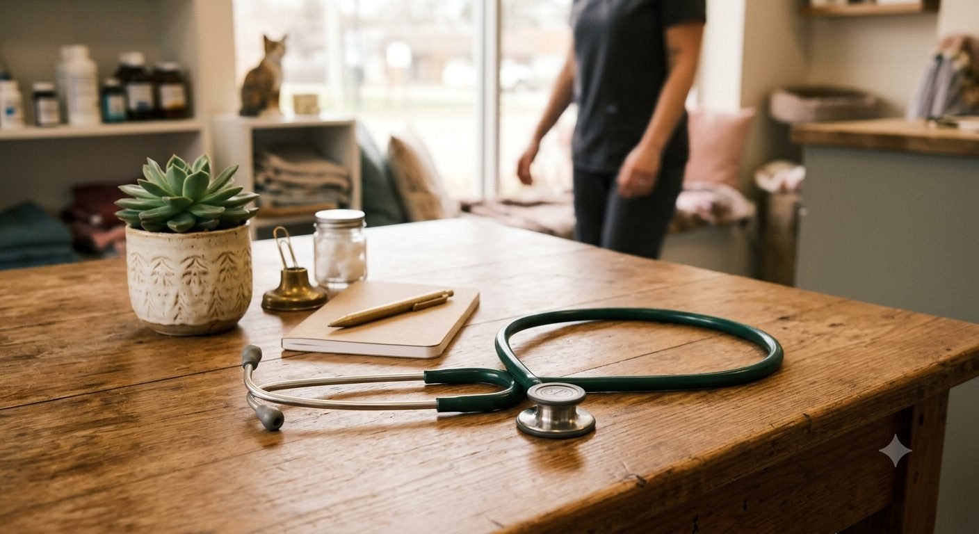 Fonendoscopio sobre la mesa de madera de una consulta veterinaria