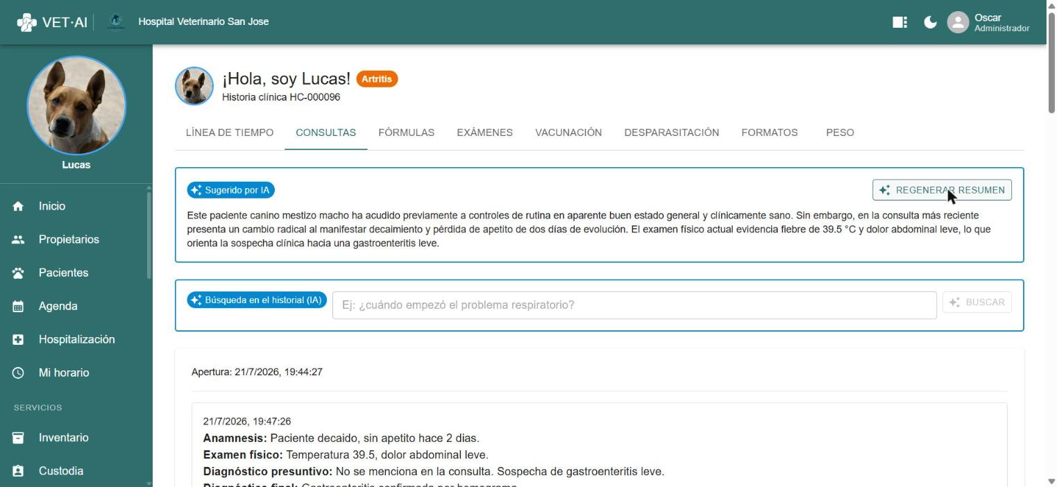 Historia clínica de VET·AI mostrando una consulta estructurada automáticamente por la IA a partir del dictado del veterinario