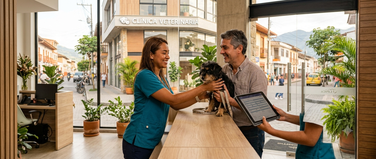 Auxiliar entregando una mascota a su propietario con un formulario digital