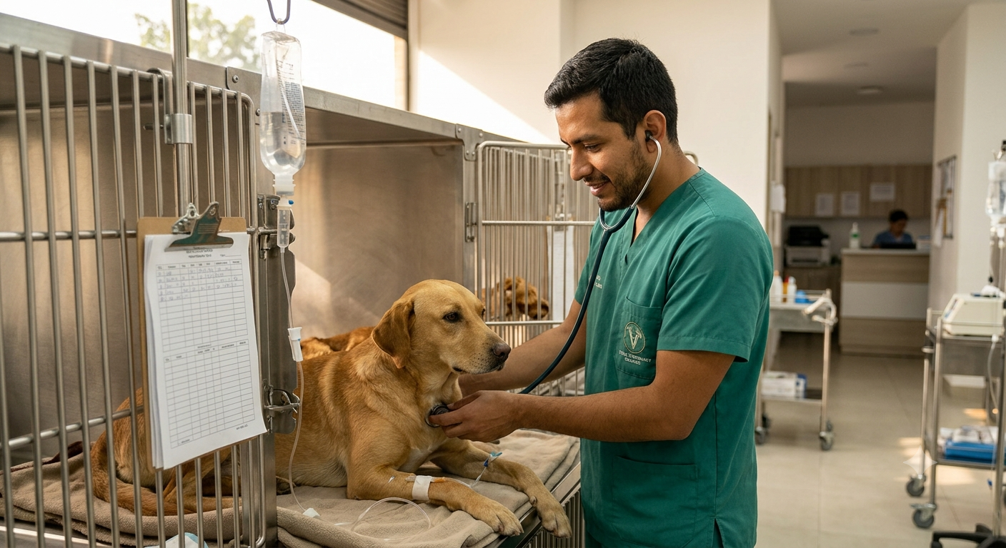 Veterinario revisando a un paciente internado