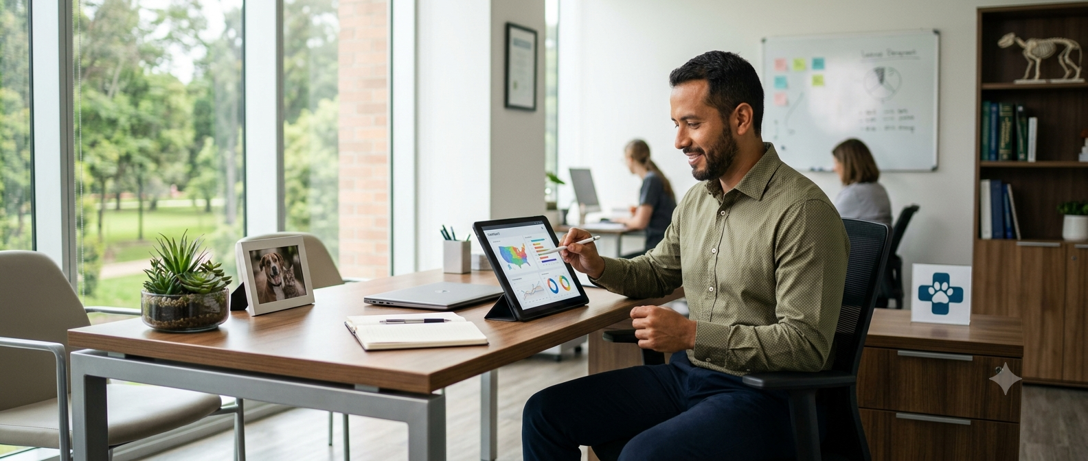 Administrador revisando indicadores de la clínica en una tablet