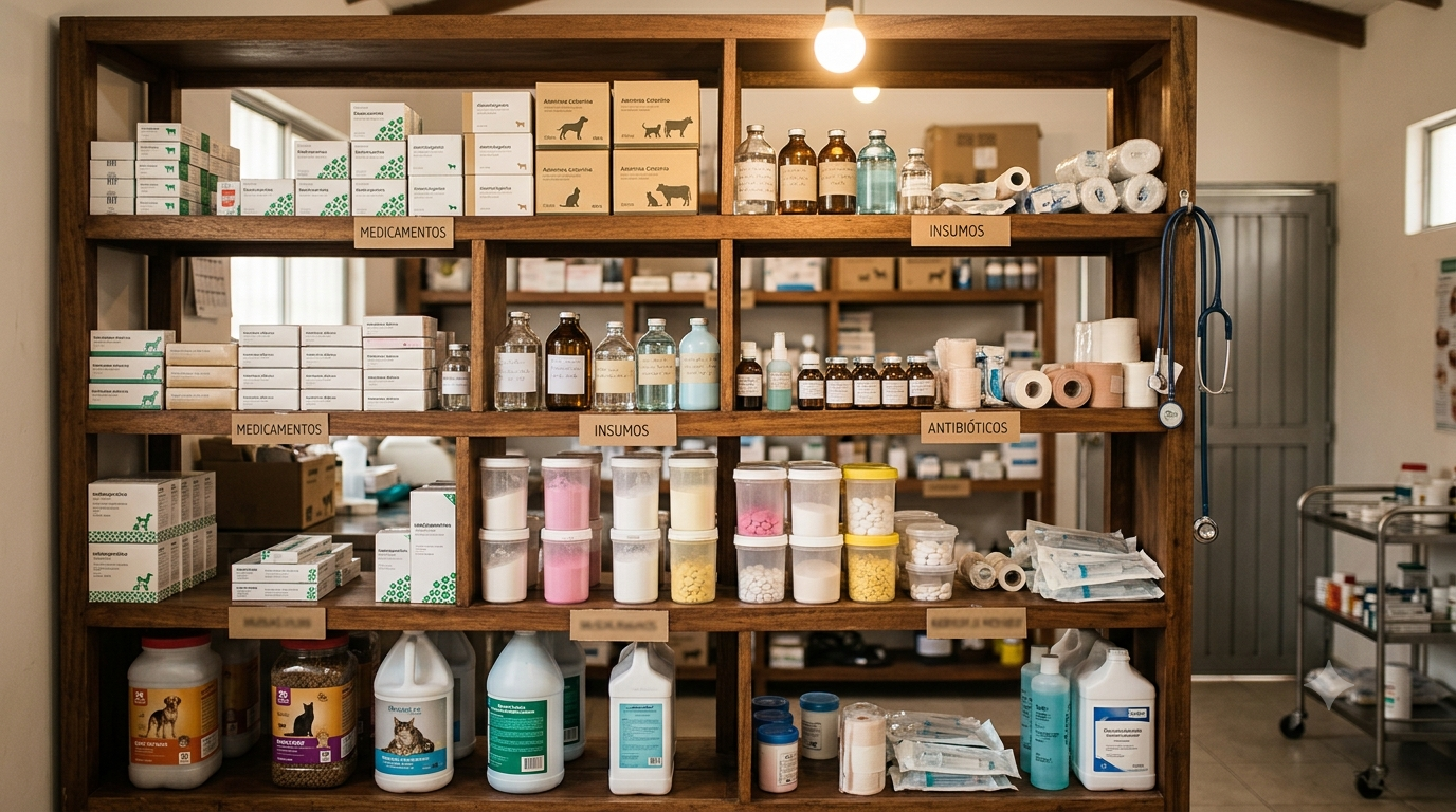Estantería organizada con medicamentos e insumos veterinarios