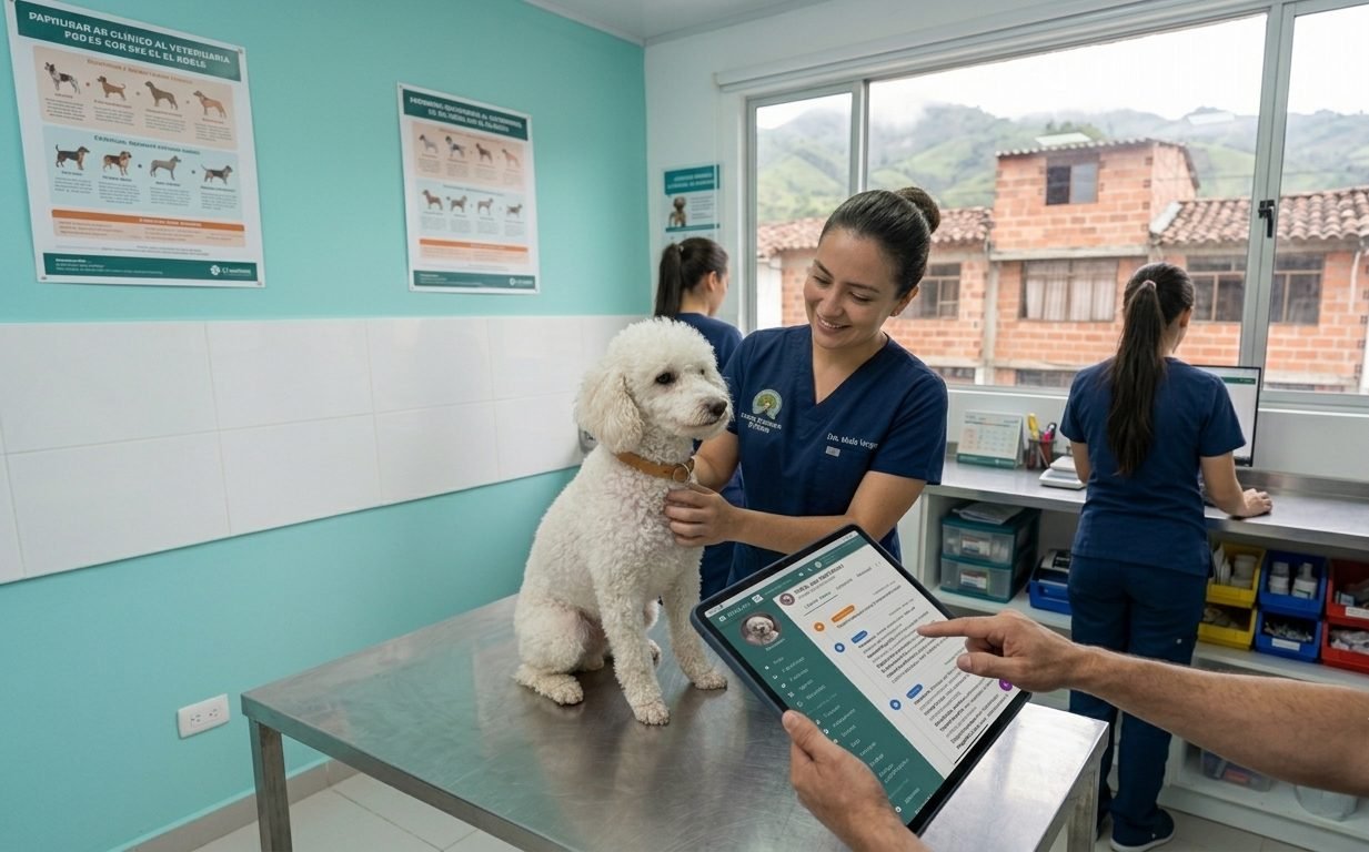 Veterinaria atendiendo a un perro sobre la mesa de consulta mientras se revisa su historia en Zolvantia desde una tablet